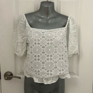 Off-Shoulder, White, Lacey Crop Top with Puffy Sleeves, Sz S
